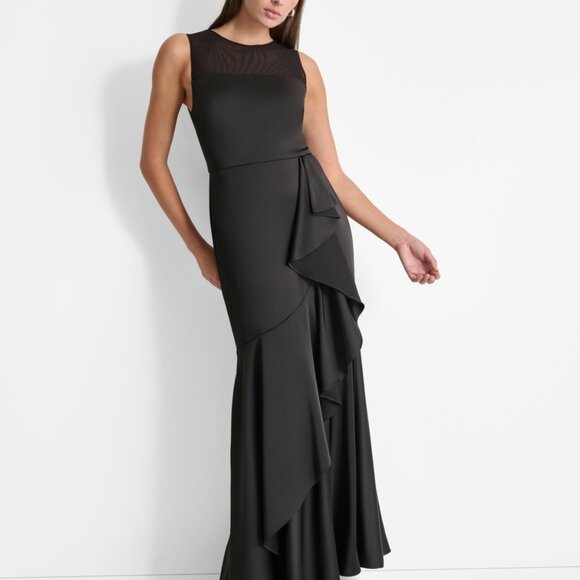 DKNY Women's Mesh-Yoke Cascading-Ruffle Evening Gown - Black NWT Size 14 - Picture 1 of 7